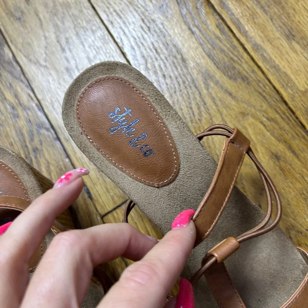 Style & Co Mulan Tan Brown T-Strap Woven Wedge Sandals Size 8.5M F42544